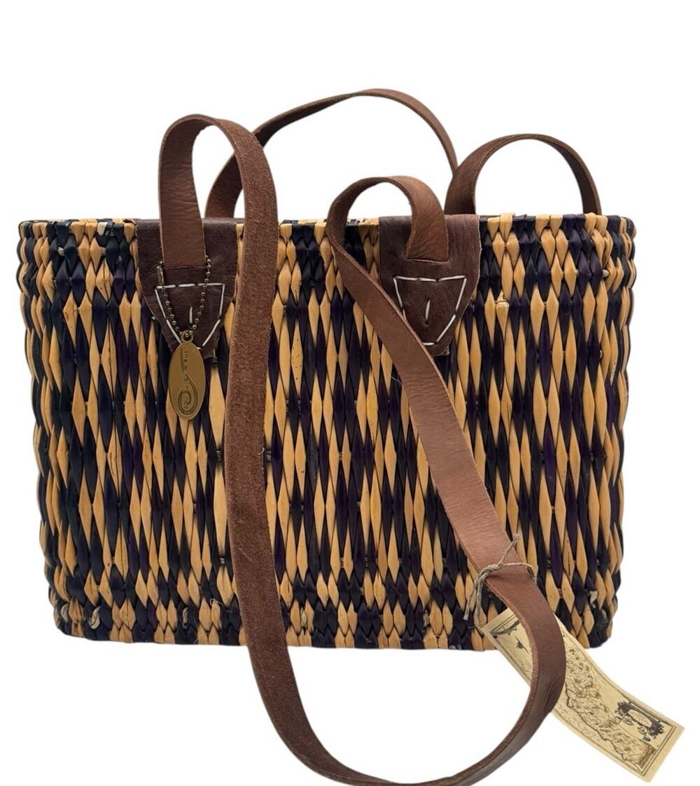 Winding Road Moroccan Market Bag Woven Palm Grass Basket Leather Handles READ